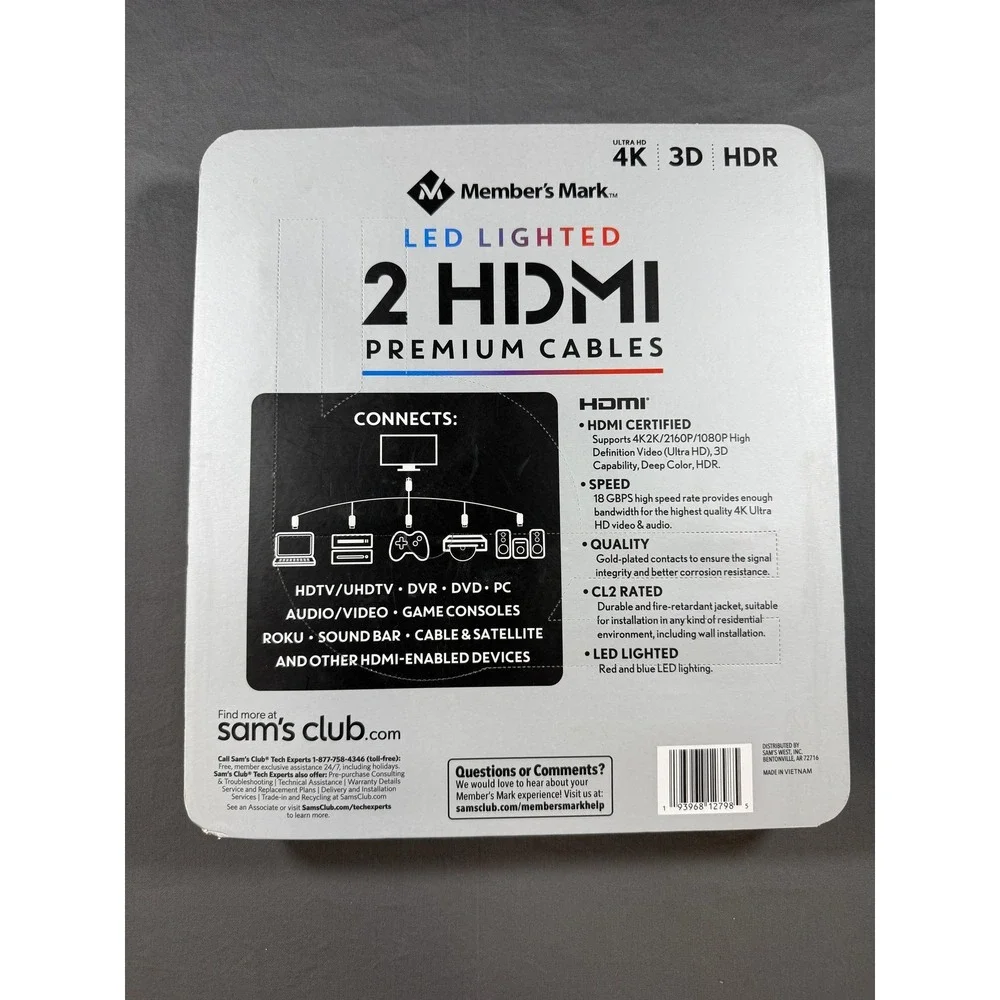 Member's Mark LED Lighted Premium HDMI Cables 2 Pack 9ft Black 4K 3D HDR